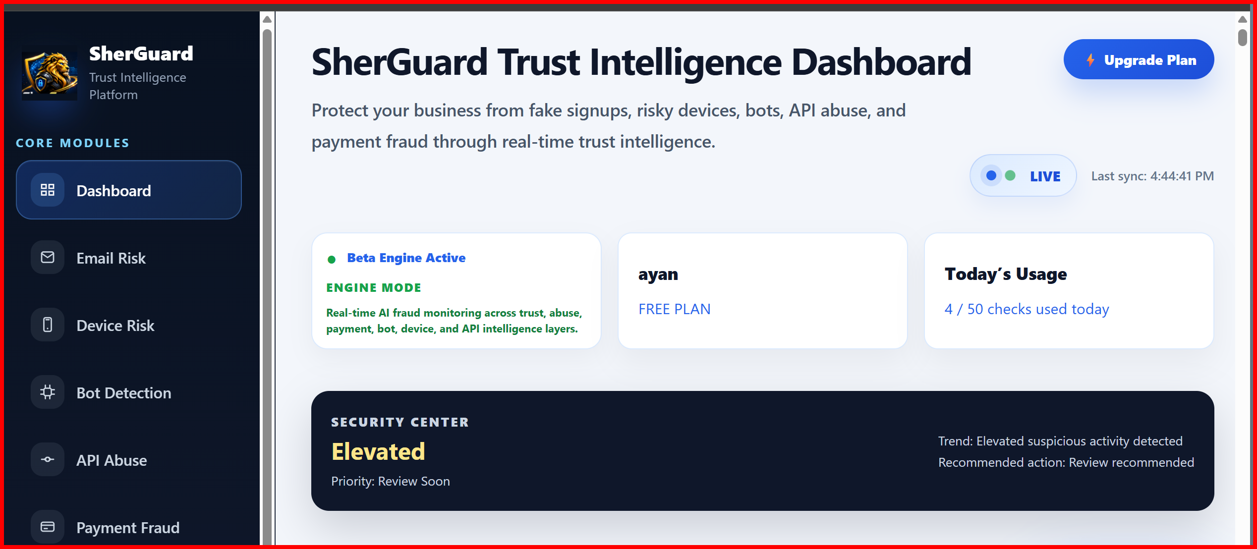 SherGuard dashboard showing trust intelligence risk events
